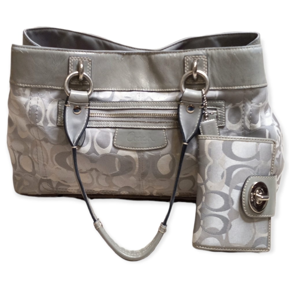 Coach Silver/beig Parker top handel leather coated canvas and Matching Wallet.